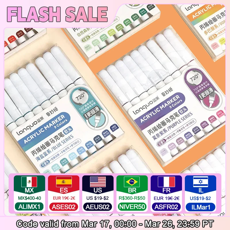 Languo 9pcs/box Soft Brush Acrylic Marker Pen Set，DIY Hand Drawn,Paint Art Markers pens,Student