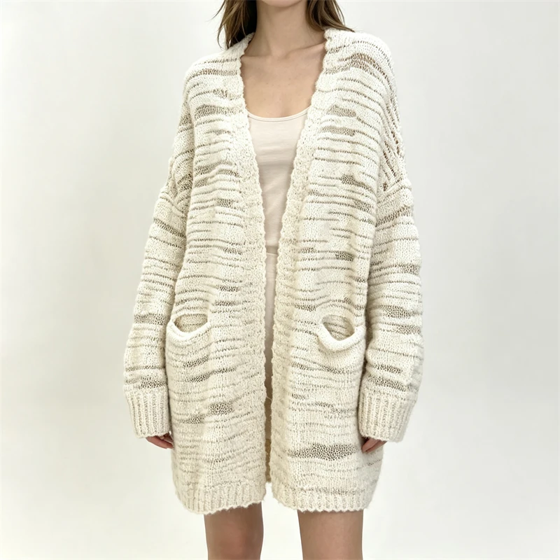 2026 Autumn New Color Block Striped Wool Knit Cardigan, High-Quality Women's Fashionable Casual Loose Mid-Length Knitted Coat