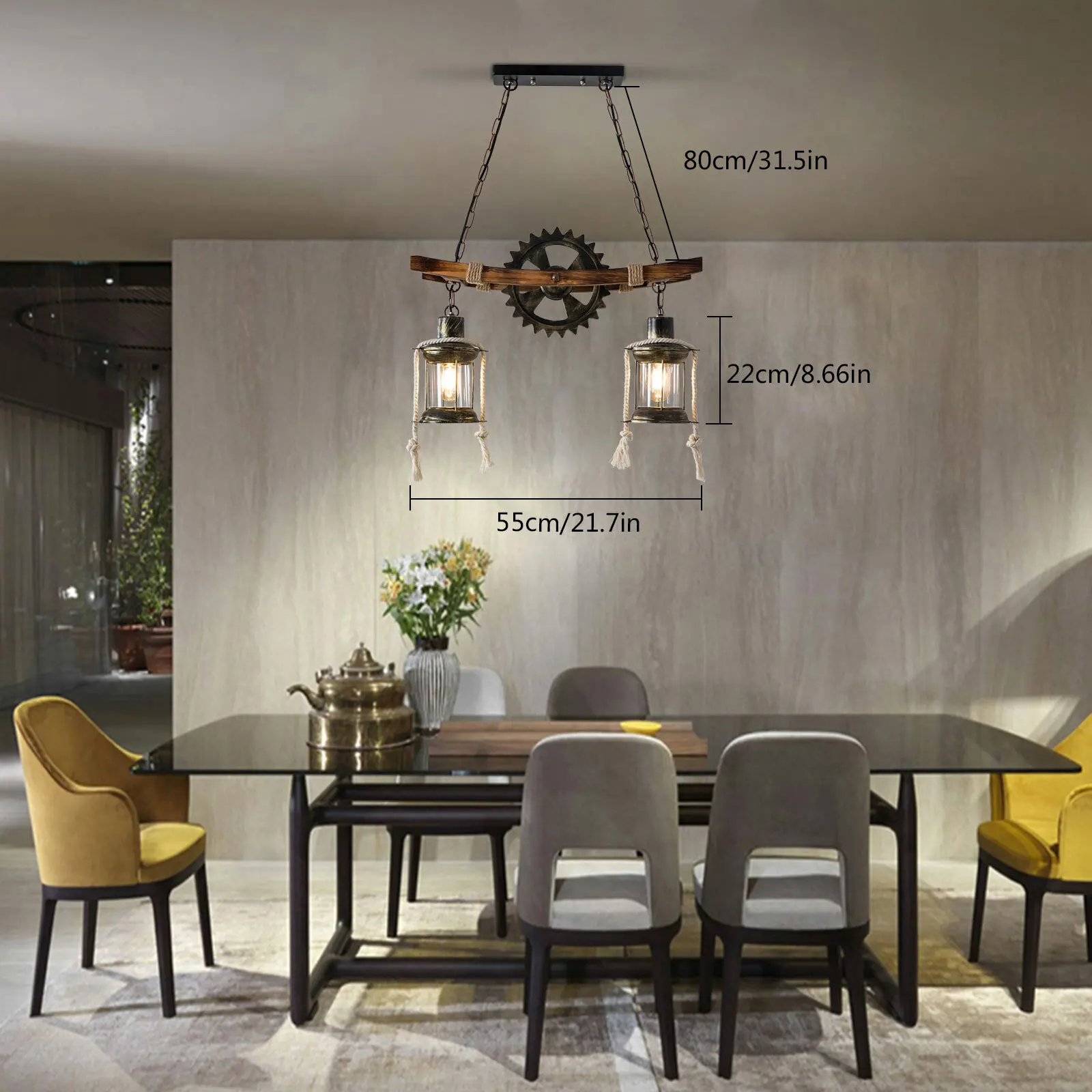 Dual-Bulb Industrial Vintage Pendant Light, Adjustable Height Loft Style Hanging Lamp for Dining Room, Kitchen Island & Bar