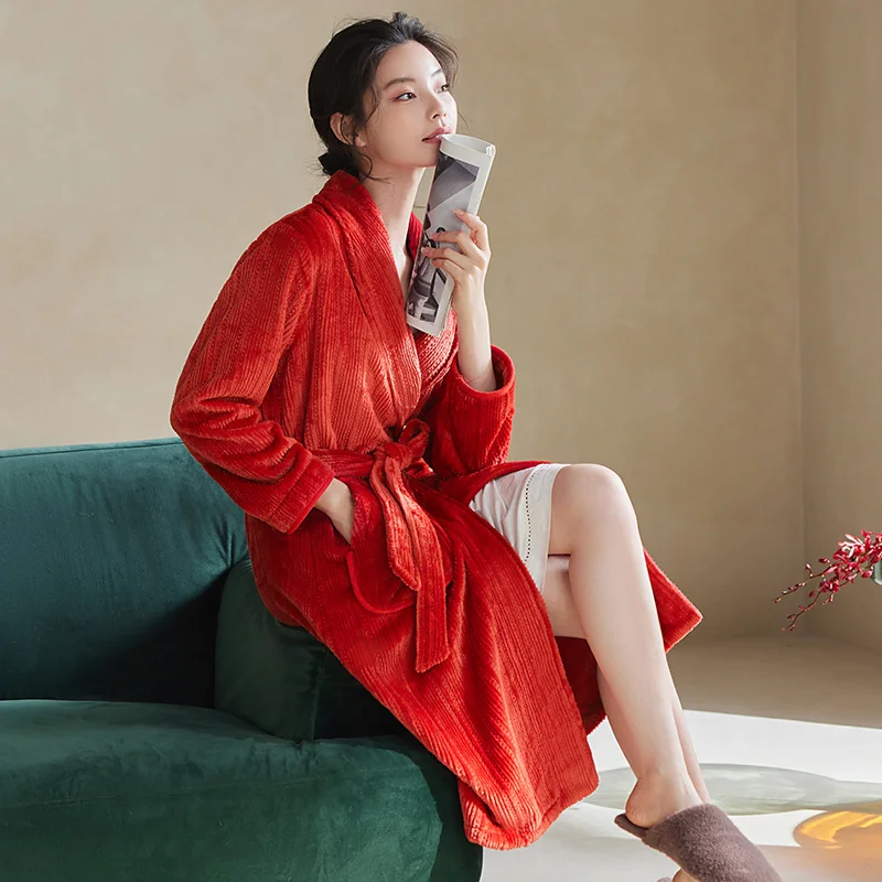 Warm Flannel Robes Female Thick Elegant Dressing Gown Whith Belted Women's Kimono Winter Long Robes Women V-Neck Spa Bathrobe