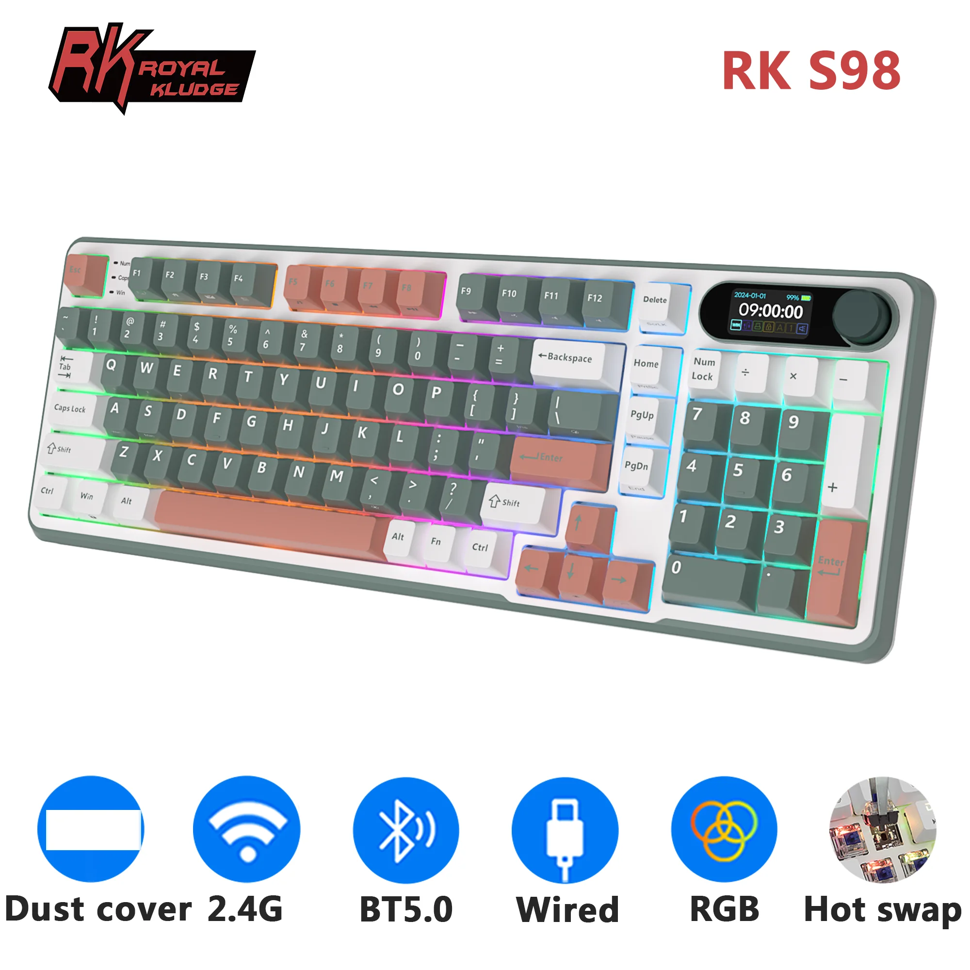 Механическая беспроводная клавиатура ROYAL KLUDGE RKS98 (бразильская раскладка), 96% (98 клавиш), PBT, RGB, с возможностью горячей замены переключателей, с TFT-экраном