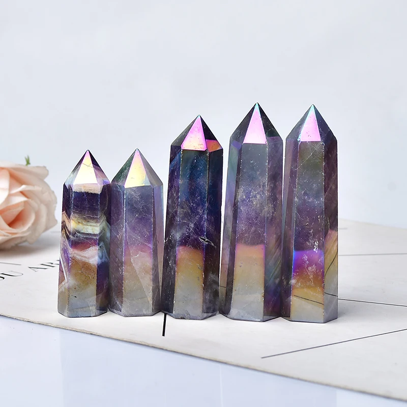 1PC Natural Aura Amethyst Crystal Point Electroplating Wand Healing Stone Energy White Quartz Home Decoration Reiki Tower Gifts