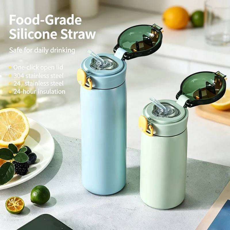 320/460ML Kids Stainless Steel Insulated Water Bottle Portable Straw Thermos Mug Cold Hot Use For Students Outdoor