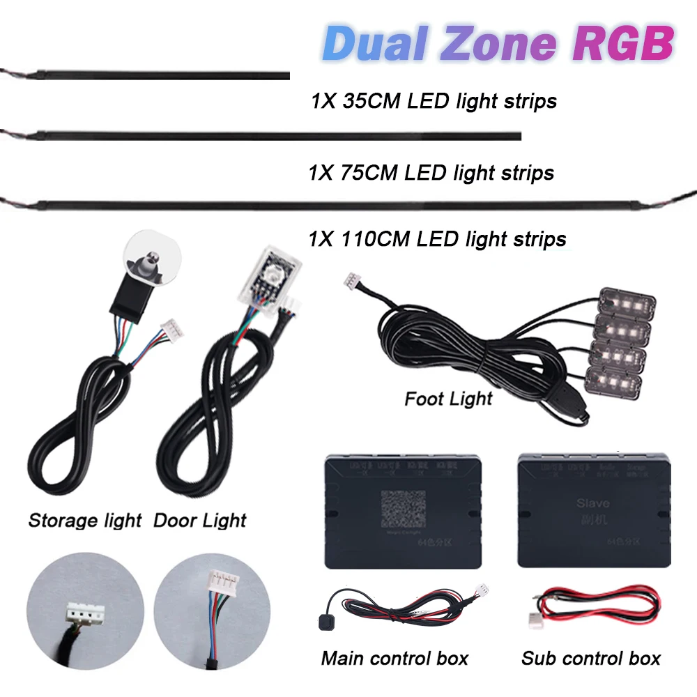 

Dual Zone RGB LED Ambient Lights Accessories 4 wires LED Light Strip 35CM 75CM 110CM Storage/Door Light Main/Sub Control Box