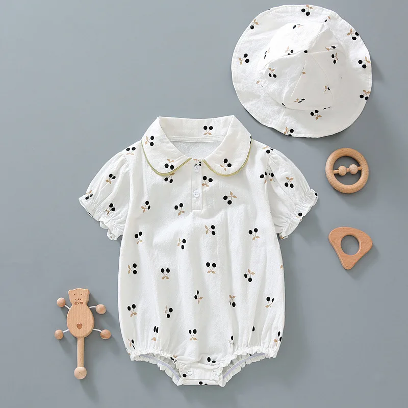 2Pcs Baby Summer Romper Hat Cherry Cotton Korean Infant Romper Kids Boys Girls Clothes Toddler Outfit Set Baby Onesie