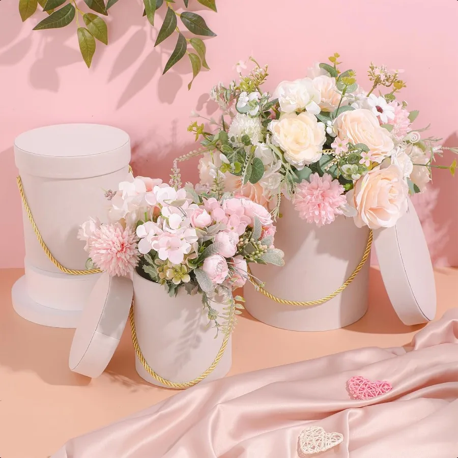 6 Pcs Veet Round Flower Box with Lids Veet Nesting Gifts Box with Handle for Wedding Holiday Luxury Flower Gift Arrangement Bri
