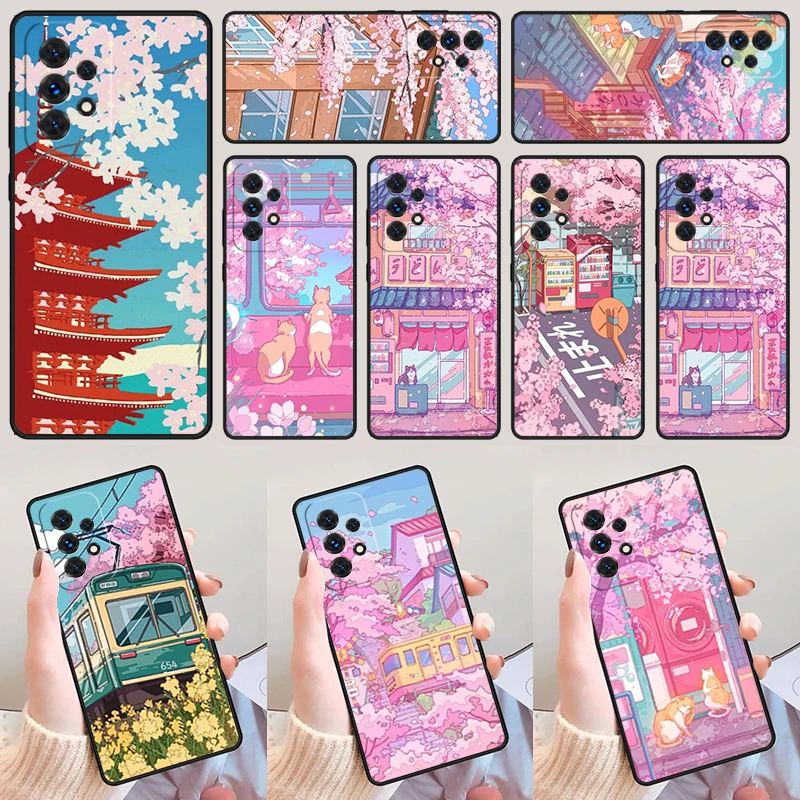 Tokyo Sakura cherry blossom landscape For Samsung A52 A72 A73 A20e A21S A50 A70 A11 A12 A42 A31 A40 A51 A71 A32 A80 Phone Case