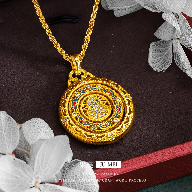 Briex Jewelry Luxury 24K 9999 Pure Gold real gold Fu Sheng Lu rotating compass encrusted gourd enamel pendant women's necklace