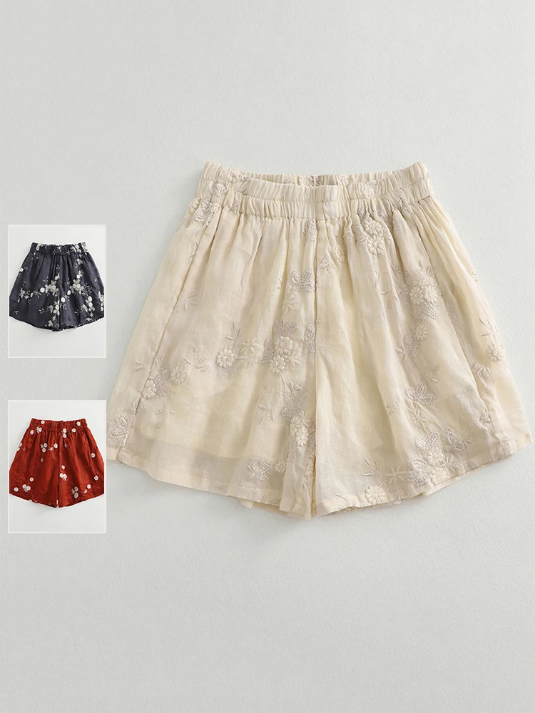 

Heavy Embroidery Flora Double Layered Linen orts Women's plus Size Casual Elastic Waist Loose Fit Wide Leg Pants