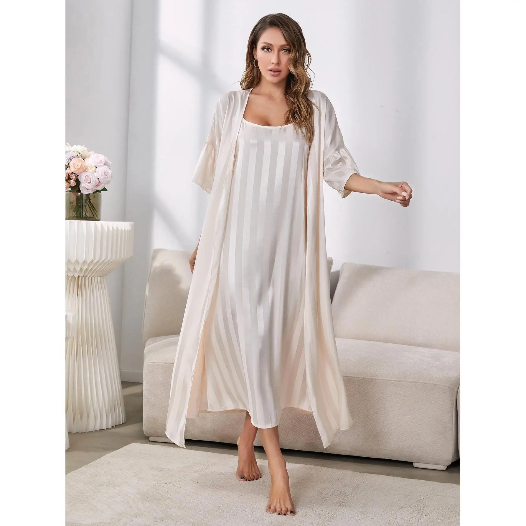 Women's Pajamas Robe Set Sexy Sling Sleepwear Dress Silk Like Homewear Luxury Strip Print Bathrobe 2pcs Suit Home Clothes Femme