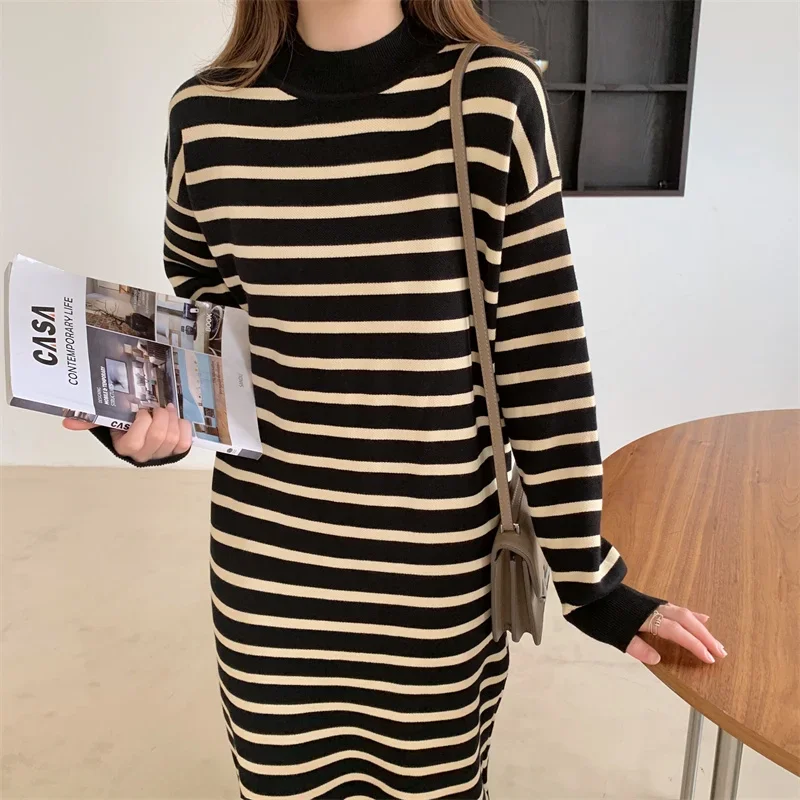

Women Dresses Autumn Casual Sweater Korean Style Clothes O-neck Striped Long Sleeve Loose Pullover Plus Size Knitted Dress