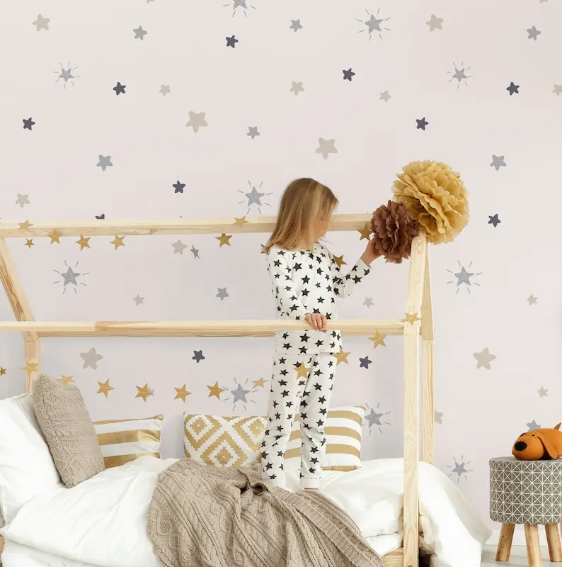 Kids Star Wallpaper Peel and Stick | Soft Colors Nursery Stars Wall Mural | Colorful Shining View Stars Wallpaper for Baby