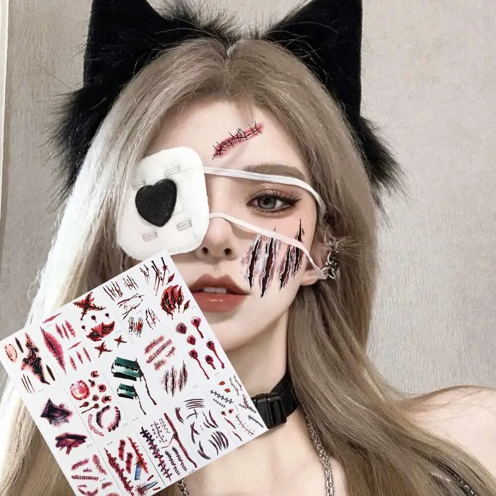 Parche facial para Halloween, tatuajes temporales, diseño de cicatriz de araña, pegatinas de tatuaje impermeables, cicatriz de araña DIY realista