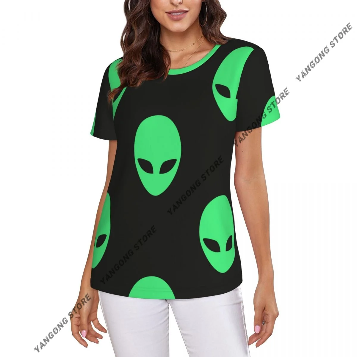 Women Short Sleeve Top Alien Heads Patterns T-shirt Fashion Summer Female Tops Loose Round Neck T Shirt