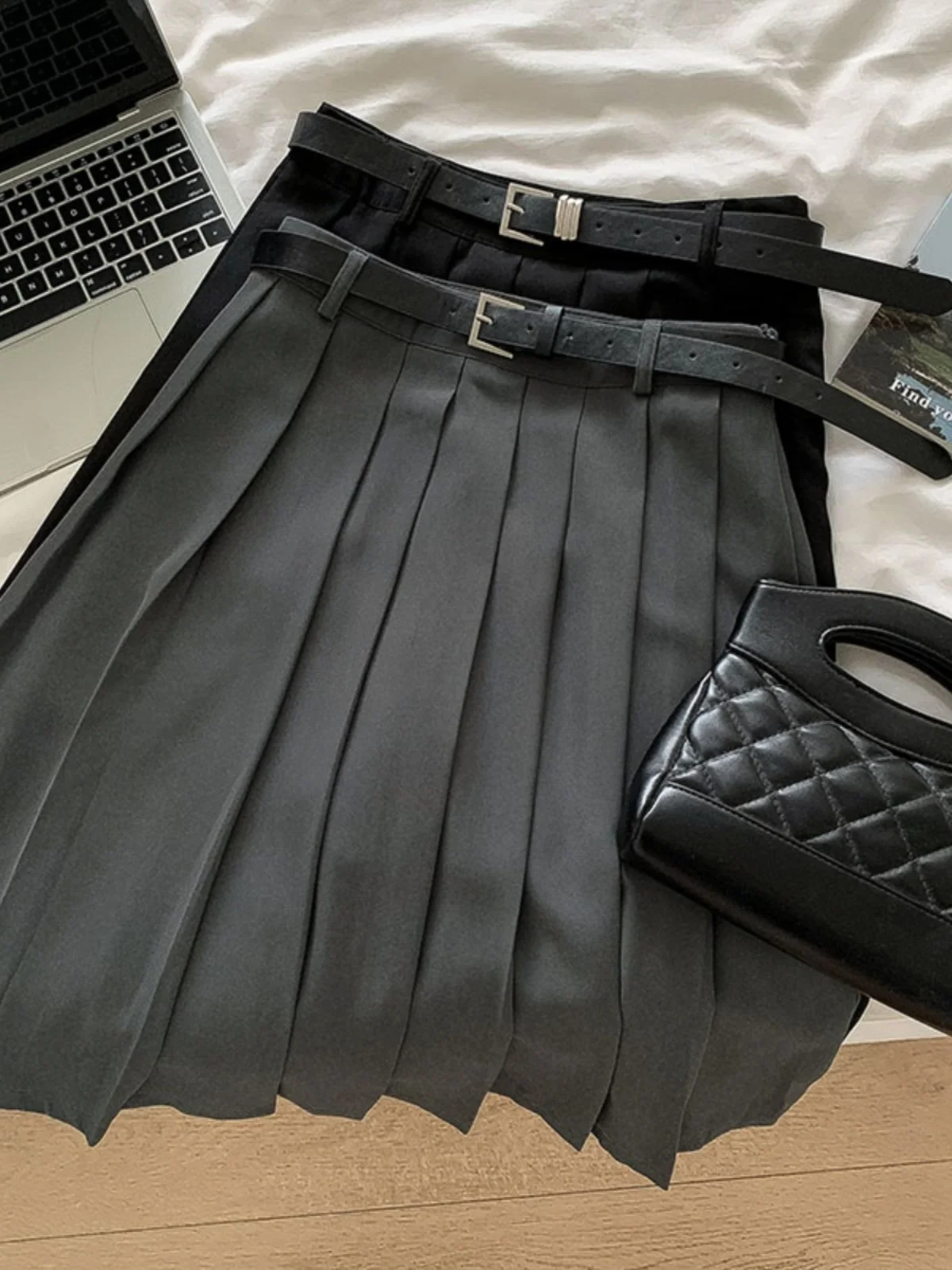 Korean Sle Preppy Design Pleated Dress 2024 Summer New Women clothes High Waist Slimming Mid Skirt with Belt