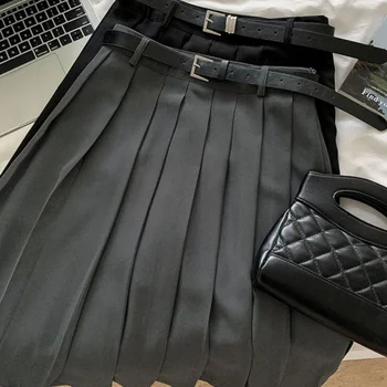 한국어 버전 Preppy 스타일 Sensibility Pleated Dress 2024 여름 새 여성 의류 하이 웨이스트 슬리밍 가죽 벨트 