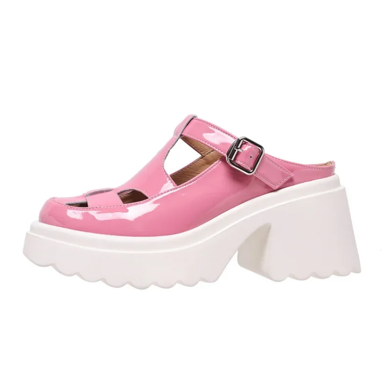 Patent Leather Women Mules Slippers Pink Black High Heels Sandals Female Slip On Casual Summer Outside Ladies Slides Shoes