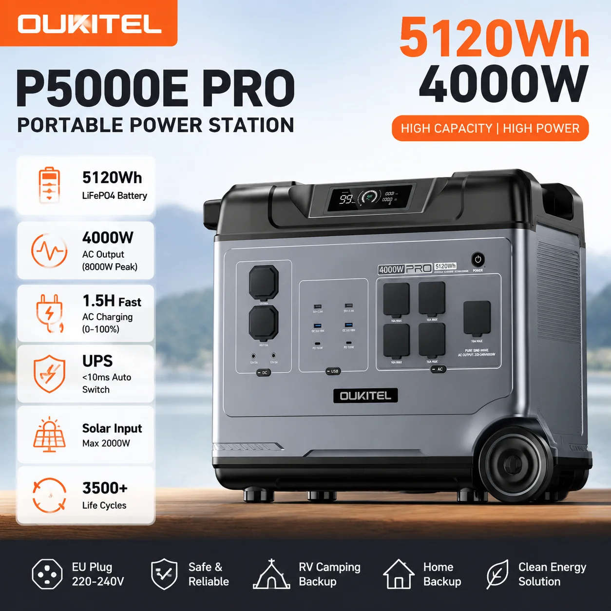 Station d'alimentation portable OUKITEL 5120Wh avec batterie LiFePO4, générateur solaire 4000W, prise EU, alimentation de secours hors réseau pour camping-car, camping, maison, prises 220V, charge rapide, UPS intelligent, longue durée de vie, stockage d'énergie extérieur, compatible avec les panneaux solaires