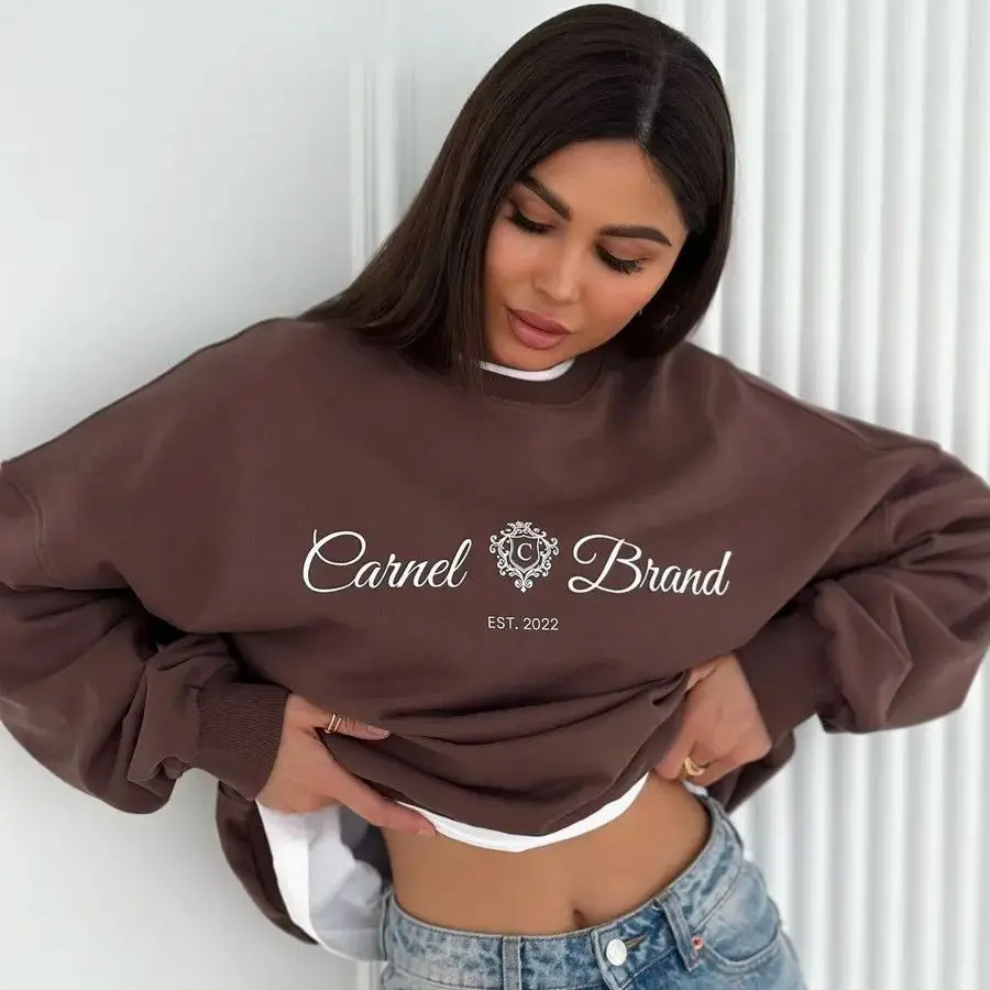 French Trendy Wine Red Sweater Crew Neck Large Size Sweatshirts Retro Badge Printed Simple Autumn Top Elegant All-match Winter