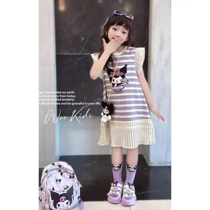 Sanrios Girls Princess Skirt Kuromi New Cartoon Casual Summer Pure Cotton Stripe Sleeveless Round Neck Student Skirt Sweet Cute