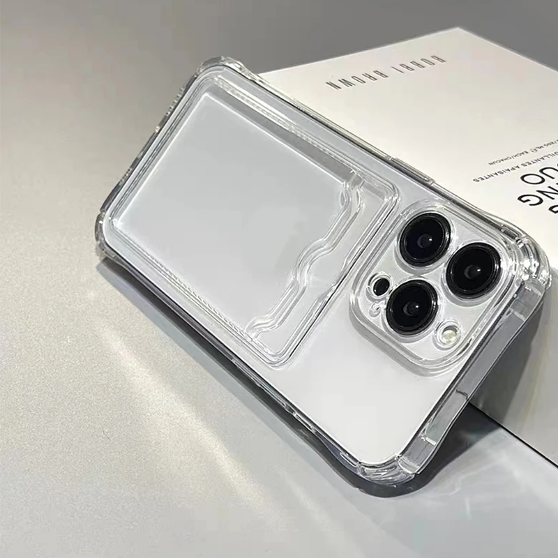 Odporne na wstrząsy silikonowe przezroczyste etui na iPhone 15 14 13 12 Mini 11 Pro XS Max X XR 6 6s 7 8 Plus ochrona tylnej kieszeni na kartę
