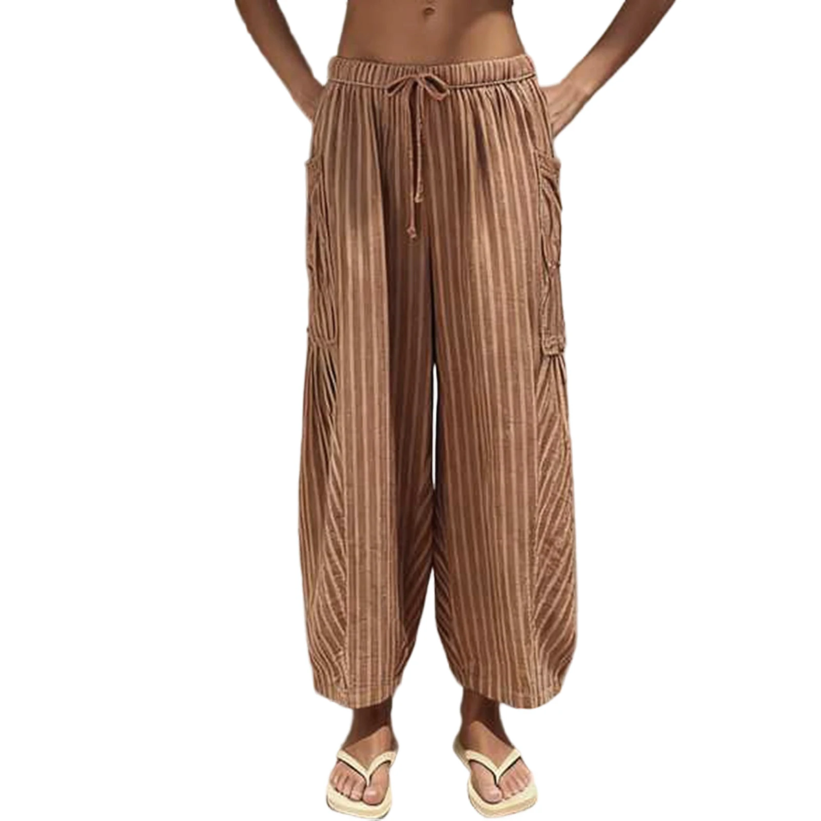 بنطال نسائي مخطط واسع الساق فضفاض مناسب بخصر مطاطي برباط مريح كاجوال للارتداء اليومي #1