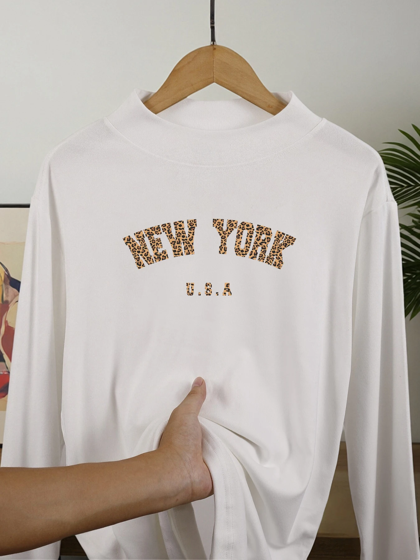 

Женская базовая рубашка с принтом New York Usa City, универсальные повседневные флисовые осенние футболки с длинными рукавами, уличная одежда с высоким воротником