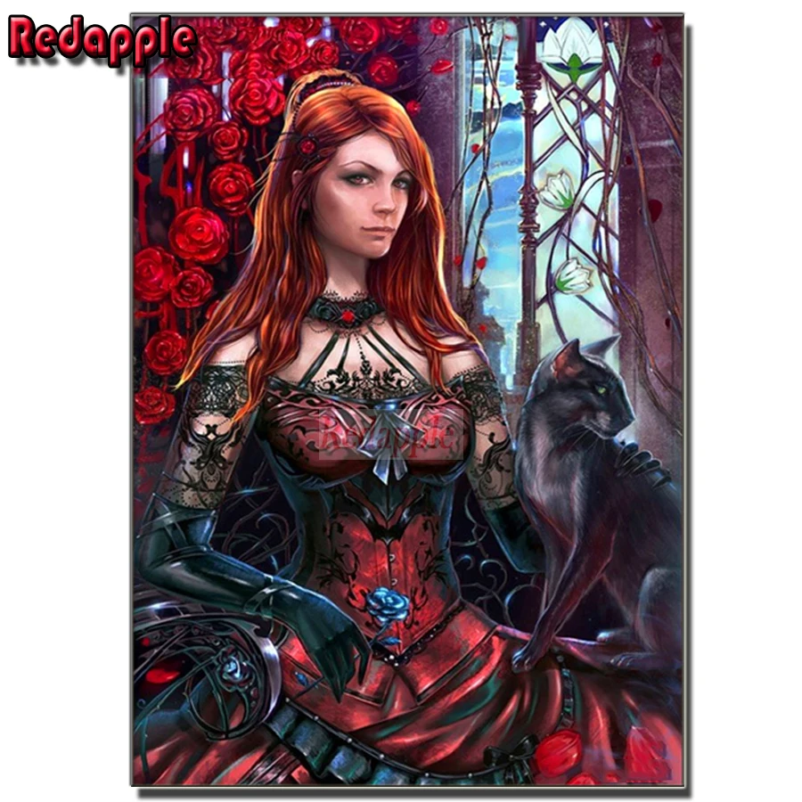 Gothic Diamond Painting for Needlework, 5D Mosaic Rhinestone, Dark Woman, Witch, Rose Picture, DIY, Handmade, Home Decor, Needle