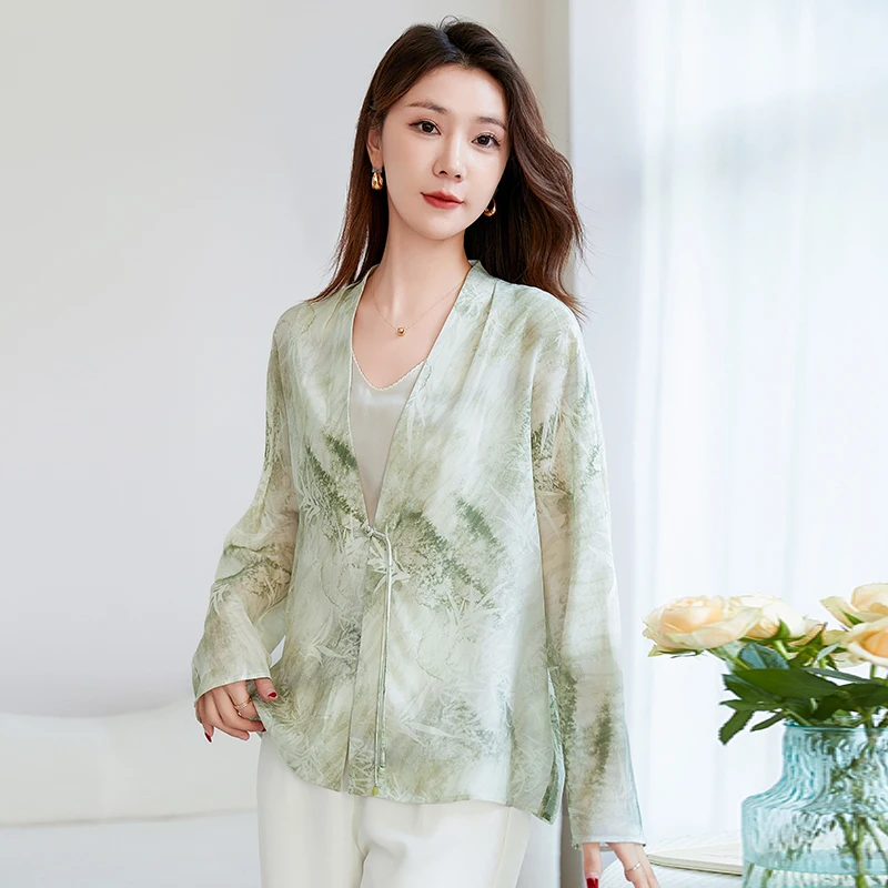 Watercolor Beauty 2026 New Chinese-Style Commuter Silk Crepe de Chine Mandarin Collar Bamboo Print Frog Button Top - Versatile
