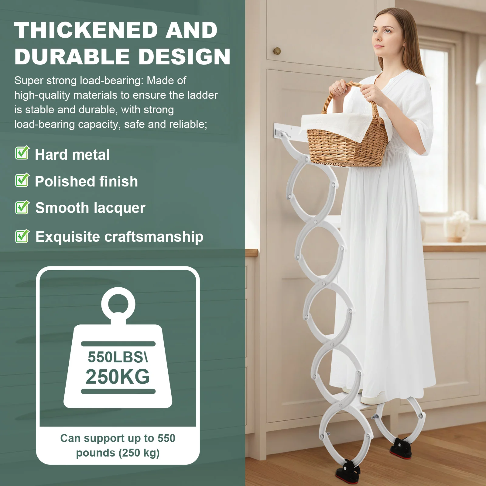 

5-8 Steps Wall Mounted Loft Extension Steps Staircase Anti-Slip Steps Retractable Ladder 49in-78in Vertical Height for Garages