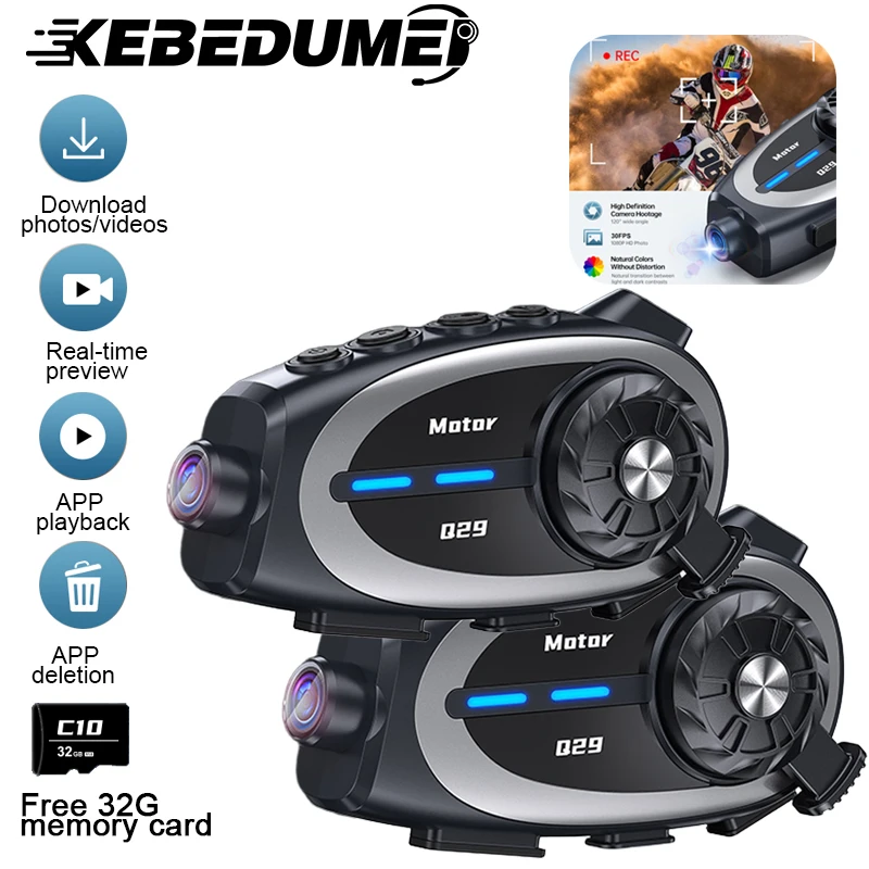 

1/2pcs Q29 Motorcycle Helmet Intercom Bluetooth Headsets Handsfree Communicator Dash Cam Video Record 1080P Interphone 500M