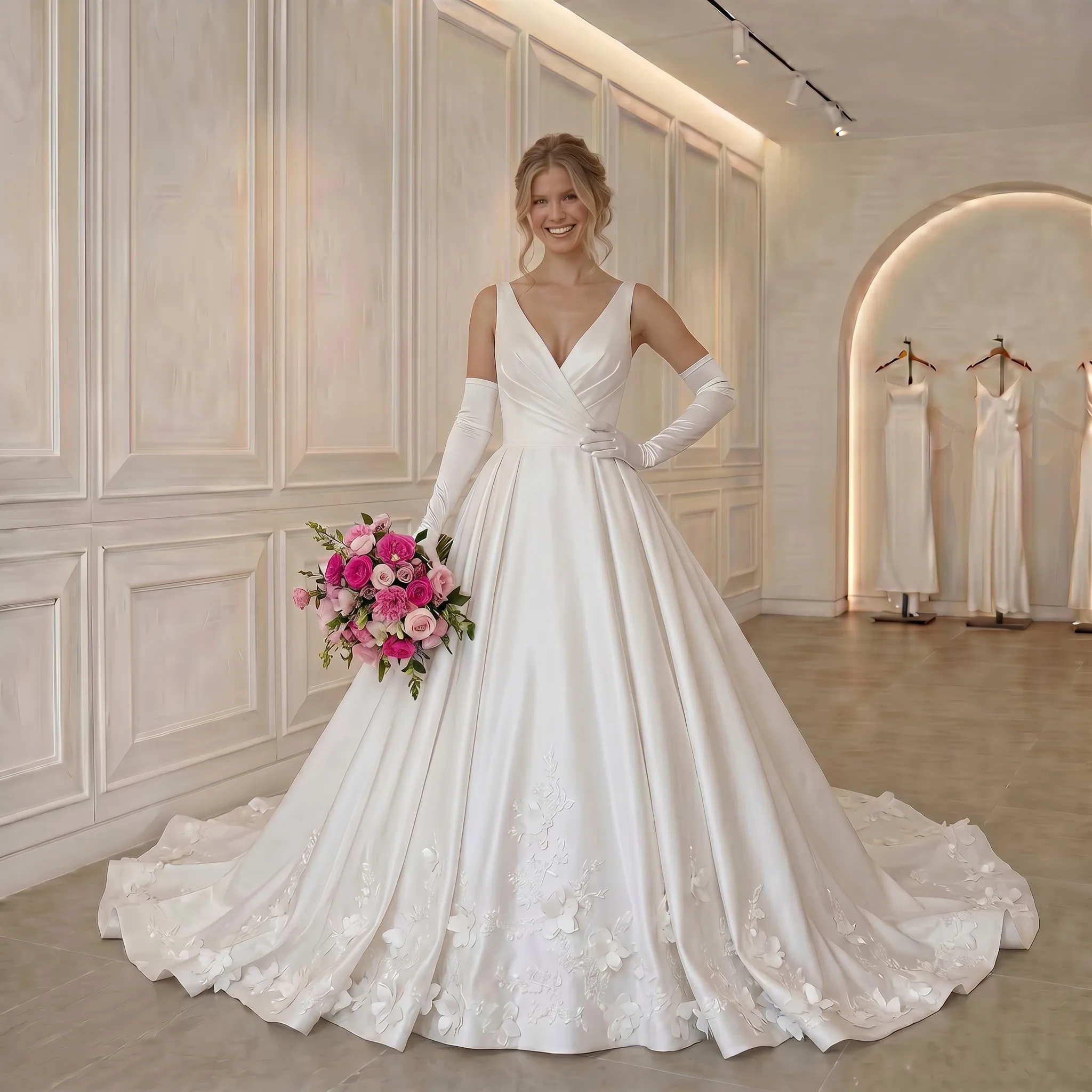 Satin Ballgown Wedding Dress 3D Floral Appliques Cathedral Train Princess Bridal Gown Custom Ivory Vestido De Novia