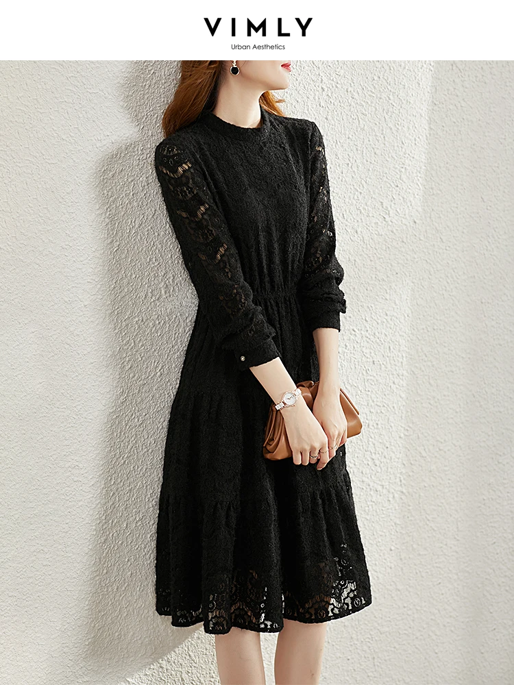 VIMLY Fashion temperament lace dress Women 2021 autumn and winter Long Sleeve brushed black Long Dresses Female Vestido V0186