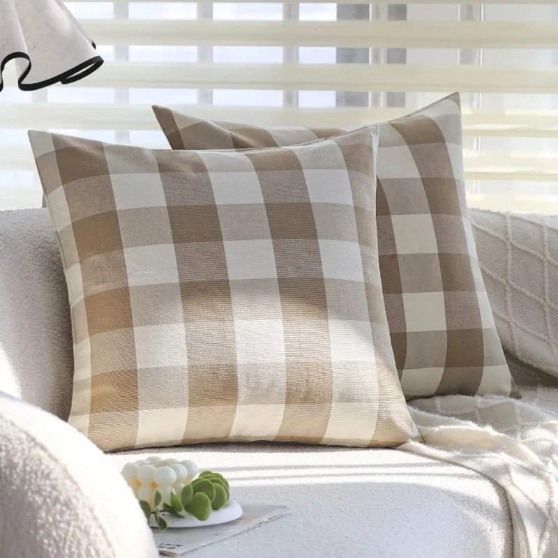 Set of 2 Vintage Brown-White Buffalo Plaid Pillow Covers 18x18inch Pure Cotton Cushion Covers Farmhouse Style Home Decor