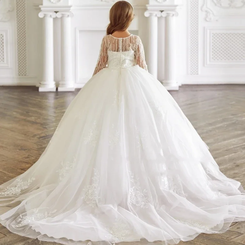 Vestido da menina da flor para a festa de aniversário do casamento glitter renda tule mangas completas princesa a linha primeiro comunhão vestido vestidos