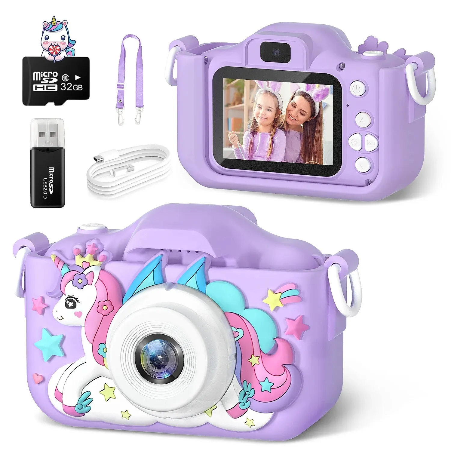 Schattige Eenhoorn Kids Camera 'S Leeftijd 7-12 Digitale Kinderen Camera Mini Speelgoed 1080P Hd Video Schieten Voor Verjaardagscadeaus Baby Camera Speelgoed