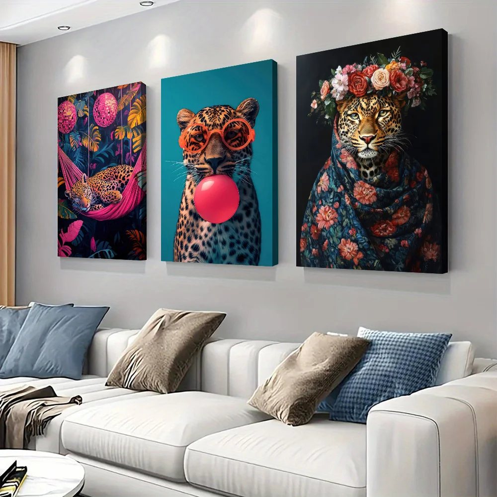 3PCS 2d Flat Modern Tropical Canvas Decorative Painting Pink hammock Leopard and Disco Ball Living Room Bedroom Entrance Wall De