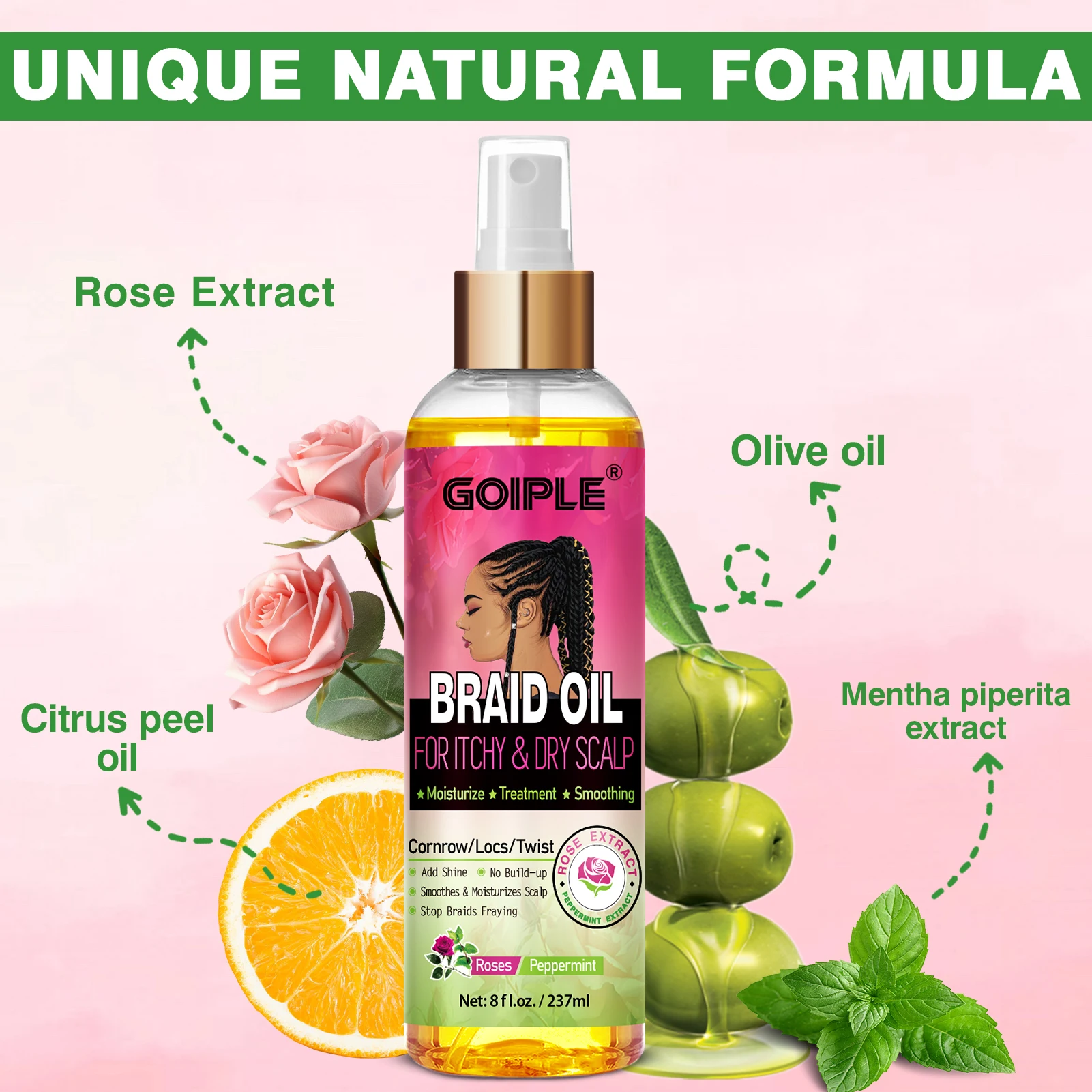 GOIPLE Natural Rose Extract Braid Oil For Itchy Dry Scalp Cornrow Locs Twist Add Shine Smoothes Moisturizes Hair Care Oil view 4