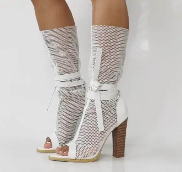 

Fashion Women White Air Mesh Peep Toe Ankle Lace Up Bow Tie Chunky Heels Mid-calf Boots High Heel Short Boots Drop Shipping