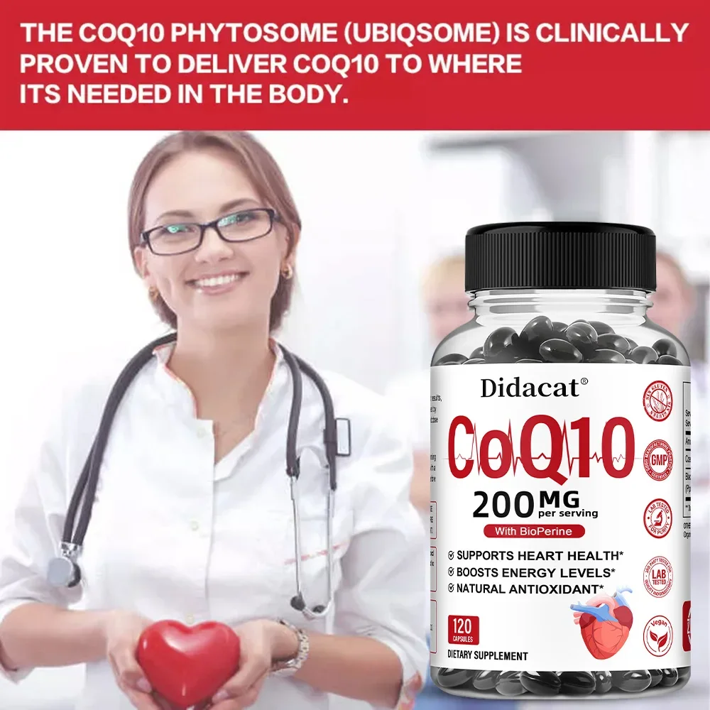 CoQ10 200mg – مكمل دعم وظائف القلب والطاقة الخلوية، صحة المضادة للأكسدة والقلب والأوعية الدموية، غير وراثيًا، 120 كبسولة