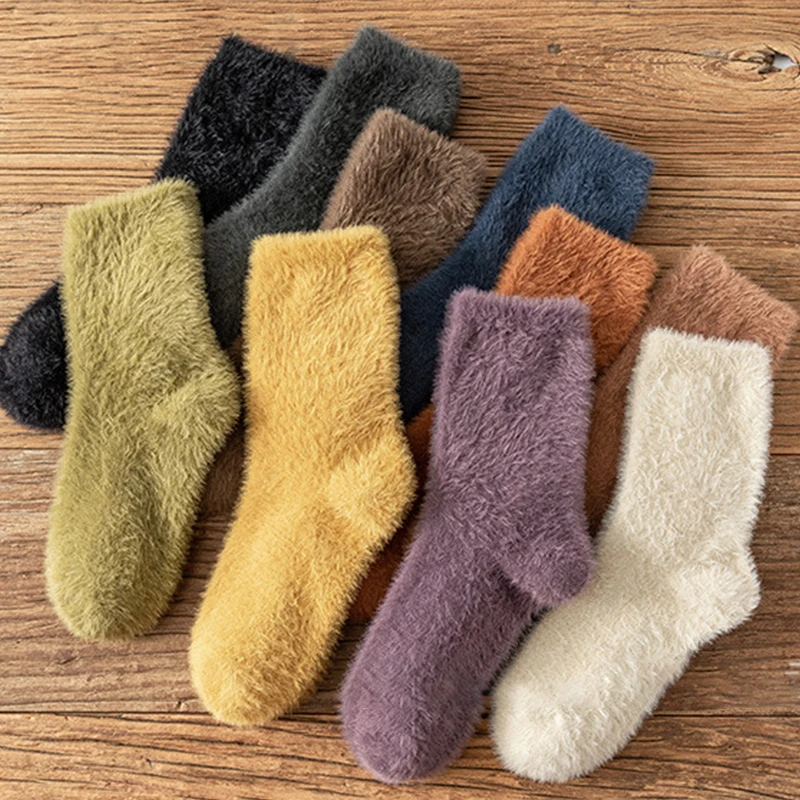 1 Pairs Winter Women's Thicker Wool Socks Ladies Warm Fluffy Sleep Bed Socks Solid Color Home Indoor Floor Socks