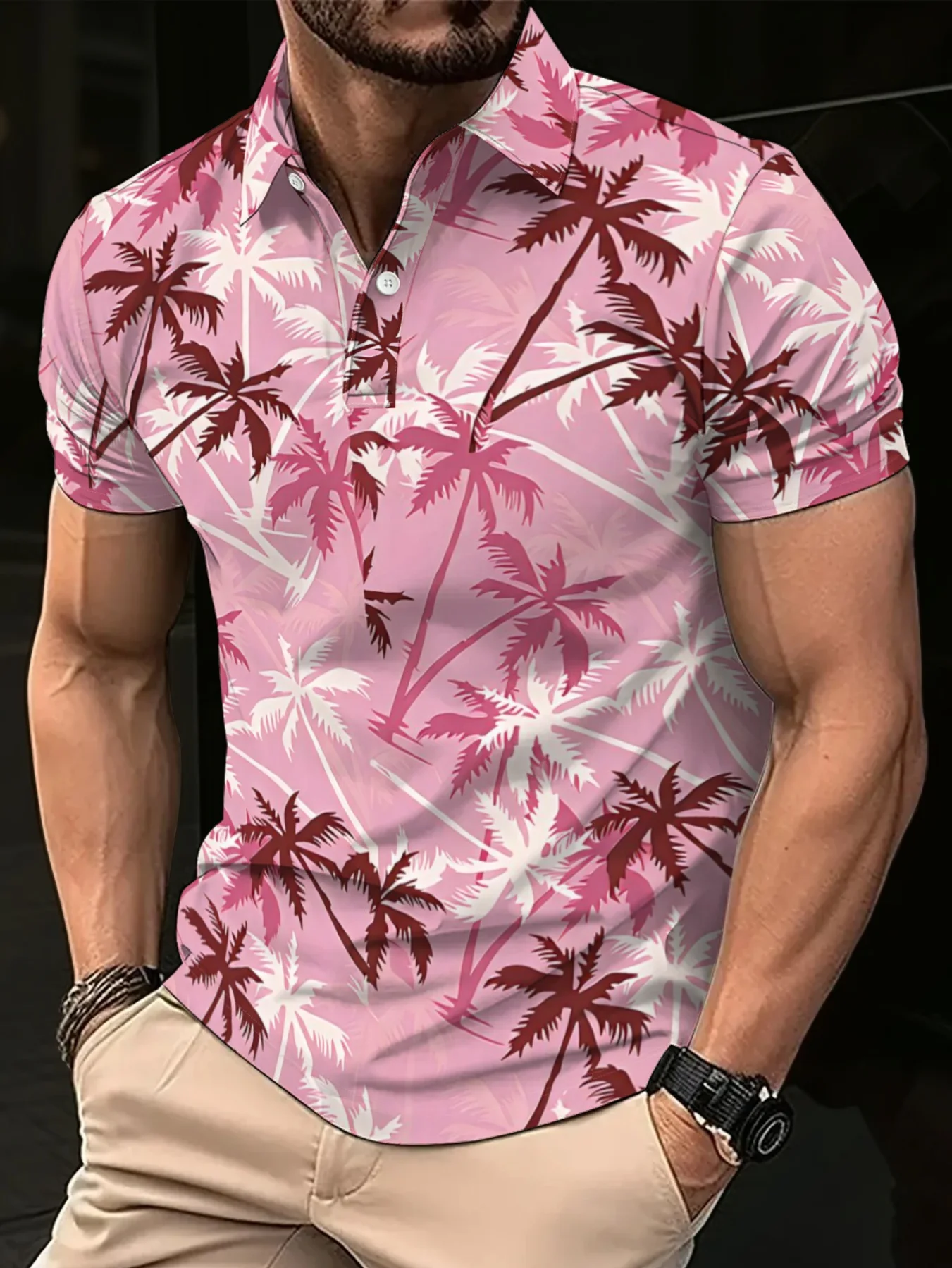 Nova Camisa Polo com Estampa Completa de Árvore de Coco em Gradiente Rosa, Estilo Havaiano, Camisa de Manga Curta com Colarinho Flip para Uso Diário