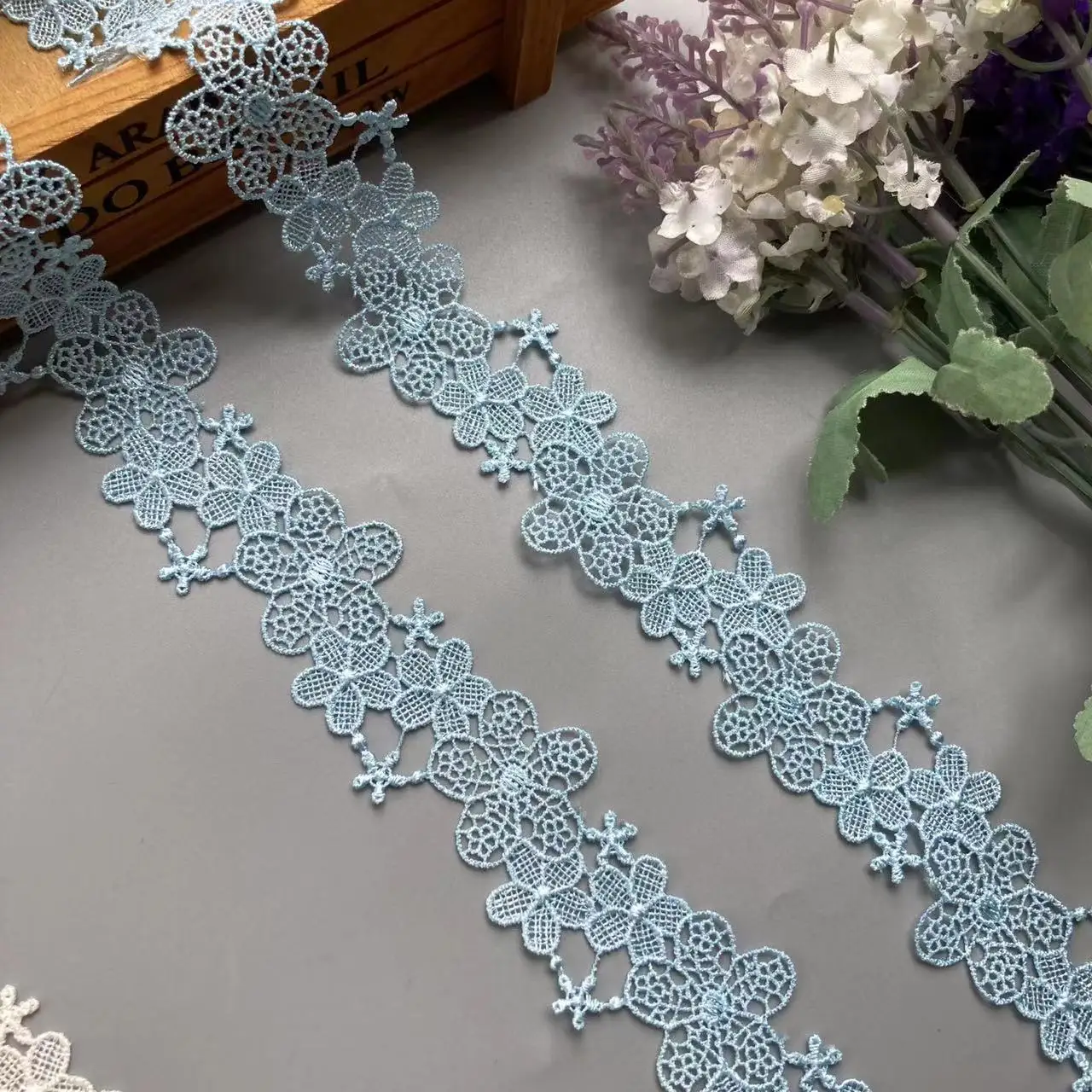 2 Yards Blue 3cm Flower Embroidered Soluble Polyester Fabric Lace Trim Ribbon Handmade DIY Sewing Craft For Costume Decoration