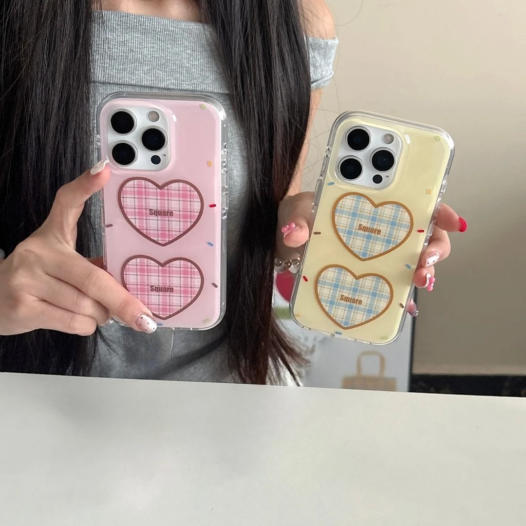 

Sweet Simple Pink Yellow Grid Pattern Love Heart Shockproof Protective Phone Cover Case for iPhone 16 15 14 13 Pro Max