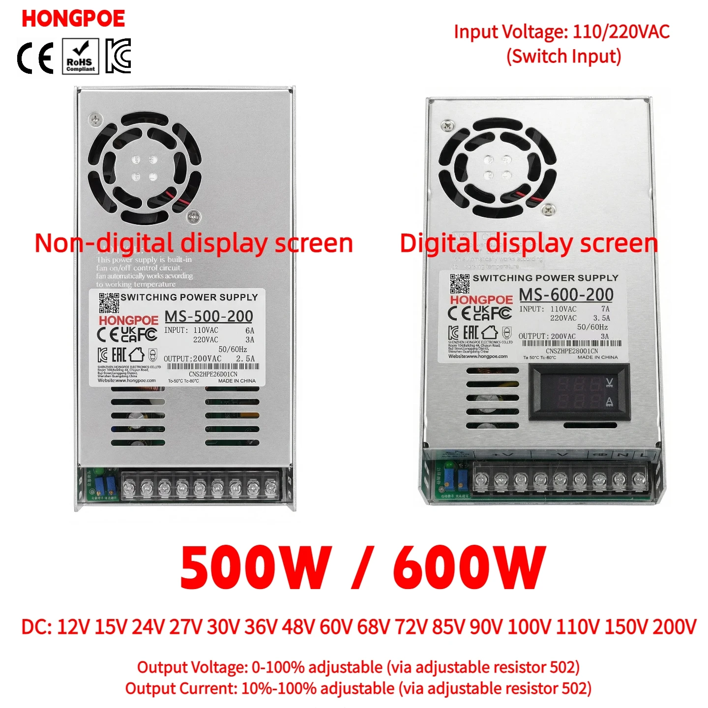 CE 0-200VDC Digital Display 500/600W SMPS Input 110/220VAC, Adjustable Voltage 0-100%, Current 10-100% for LED Lights and CCTV