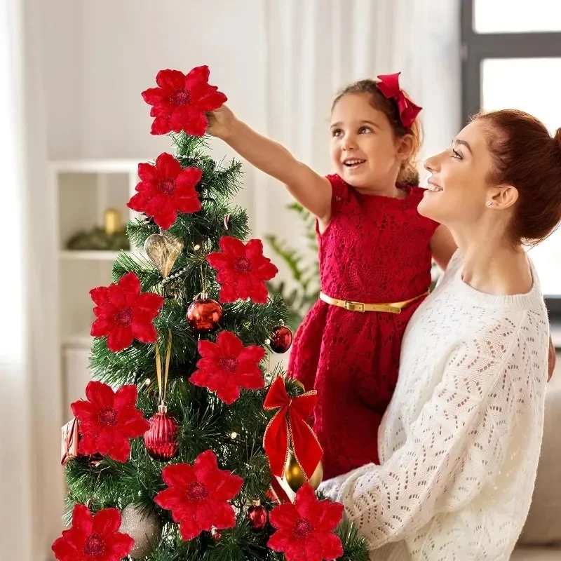 1/10x كبير بريق زهور عيد الميلاد الاصطناعي شجرة عيد الميلاد الأزهار الحلي DIY بها بنفسك زهرة البونسيتة الحمراء السنة الجديدة ديكور المنزل