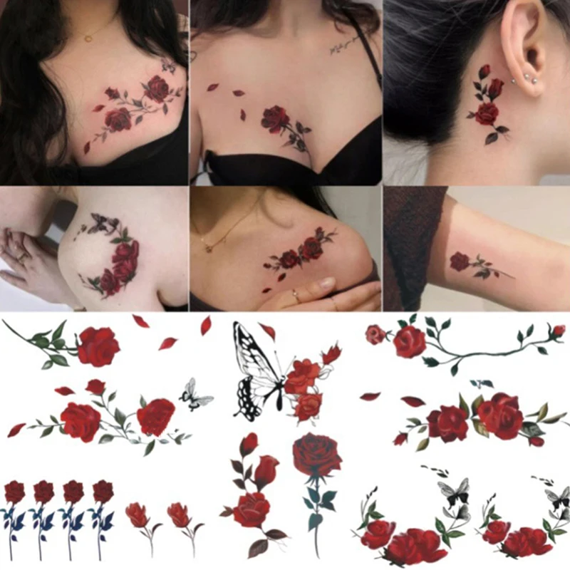 9/10 Sheets Butterfly Rose Waterproof Temporary Tattoo Stickers Arm Ankle Female Fake Tattoo Collarbone Flower Art Tattoo