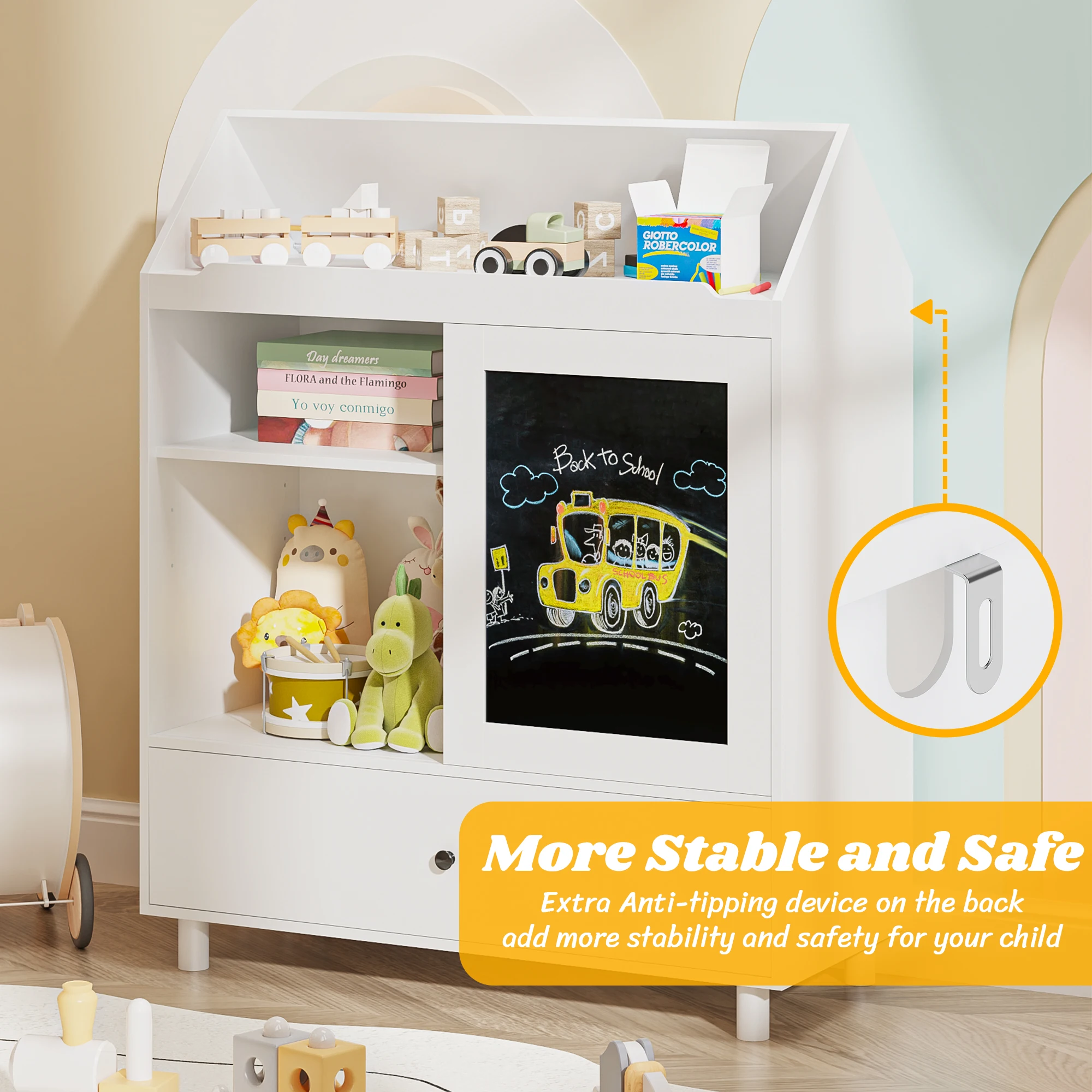 Rak Buku Anak Penyimpanan Mainan dengan Desain Rumah Papan Tulis Penyimpanan Mainan Anak dengan Pintu Geser Lemari Penyimpanan Mainan
