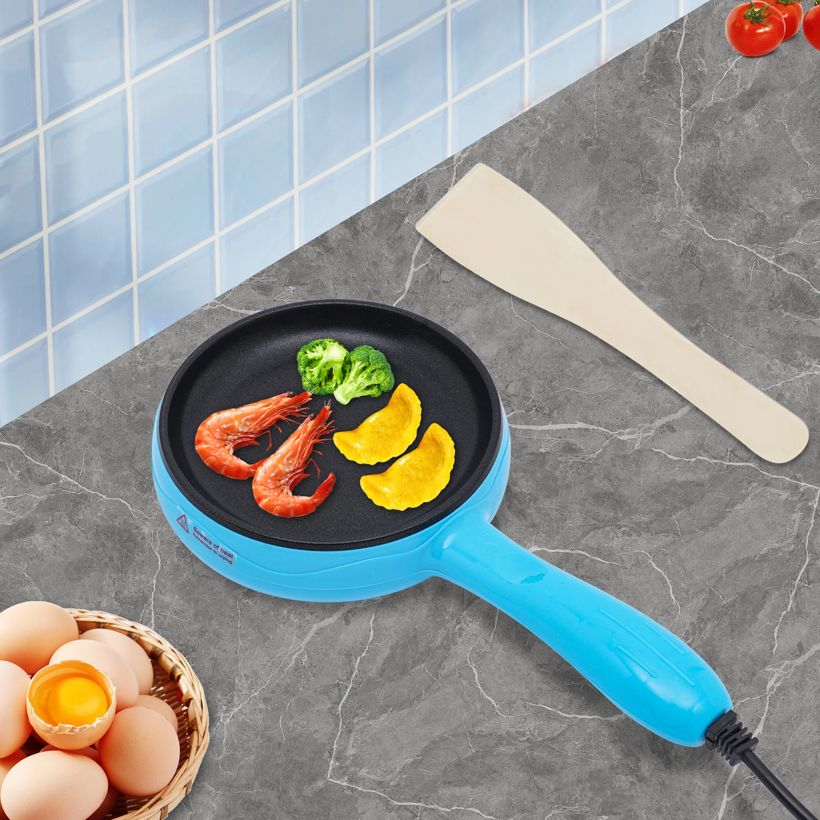 

450W 110V Round Electric Skillet, Non-Stick Electric Skillet, Blue Mini Frying Pan 15*5.5cm with Wooden Spatula