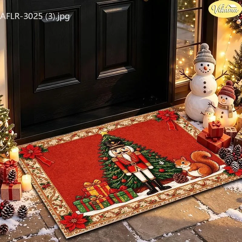 VIKAMA Nutcracker Rug, Vintage Soldier with Christmas Tree, Squirrel Gifts, Poinsettia Border, Festive Entryway